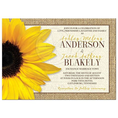 Rustic Yellow Sunflower Lace Burlap Wedding Invitation
