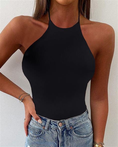 Solid Halter Sleeveless Casual Bodysuit Online Discover Hottest Trend Fashion At