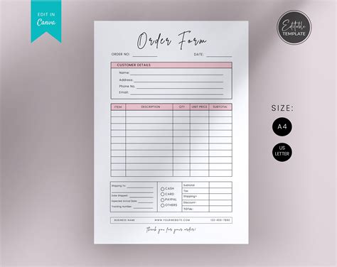 Editable Order Form Template Custom Order Form Small Business Order Form Modern Printable Order