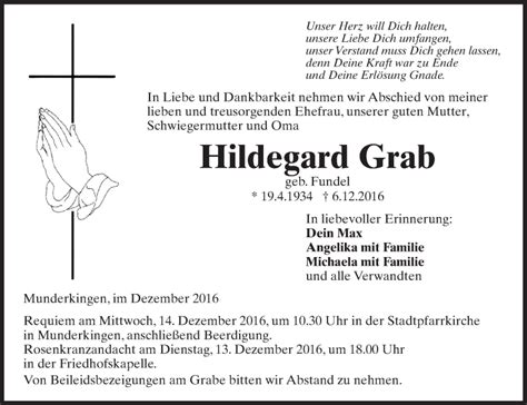 Traueranzeigen Von Hildegard Grab Schwaebische De Trauerportal