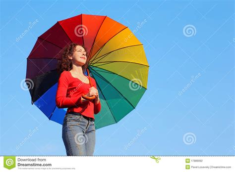 Girl Is Standing Against Sky Holding Parasol Stock Photo Image Of