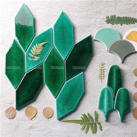 Handmade Crackle Leaf Shape Ceramic Mosaic Backsplash Tiles Green Mm