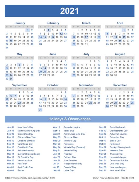 2021 Calendar With Holidays Usa