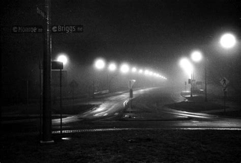 Foggy Night Street Lights Black And White Photo Street Film