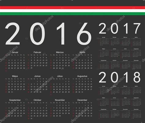 Set Of Black Hungarian 2016 2017 2018 Year Vector Calendars Stock