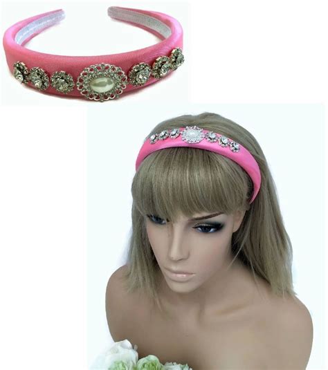 Jewelled Headband Hair Band In Padded Pink Satin Faux Pearl Cabochons