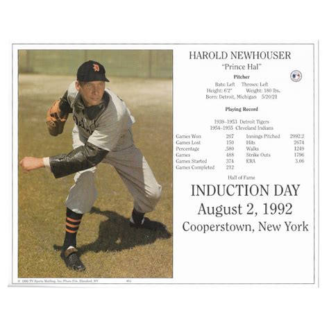 Hal Newhouser Detroit Tigers 1992 Hall Of Fame Induction 8x10 Photocard