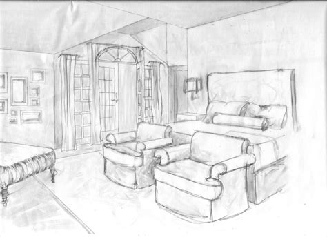 Hand Drawn Grayscale Rendering For Master Bedroom Interior Sketch
