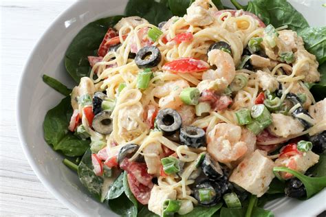 Chicken And Shrimp Pasta Salad Pasta Salad Vegetarian Salad Recipes Shrimp Pasta Salad
