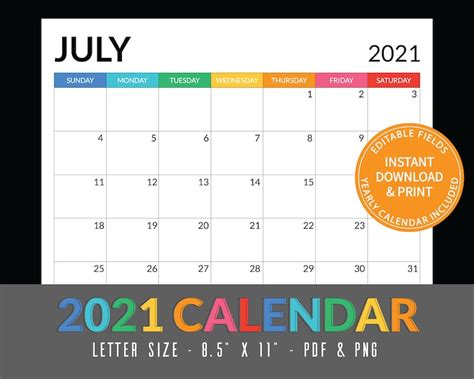 2021 Calendar 12 Month Calendar Printable Calendar Etsy