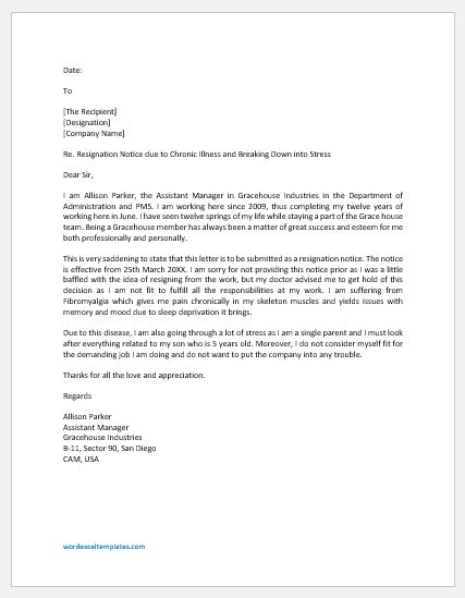Resignation Letter Due To Health And Stress Word And Excel Templates