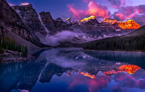Обои горы озеро отражение рассвет утро Канада Альберта Banff