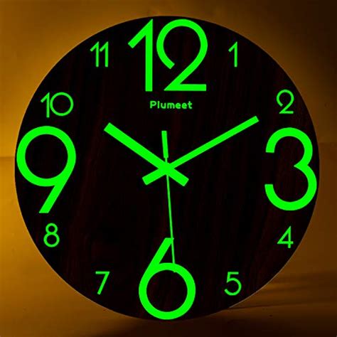 Plumeet Luminous Wall Clocks 12 Inch Non Ticking Silent Wooden Clock