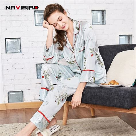 New Soft Floral Imitation Silk Pajamas For Women Spring Long Loose Nightwear Flower Pijamahome