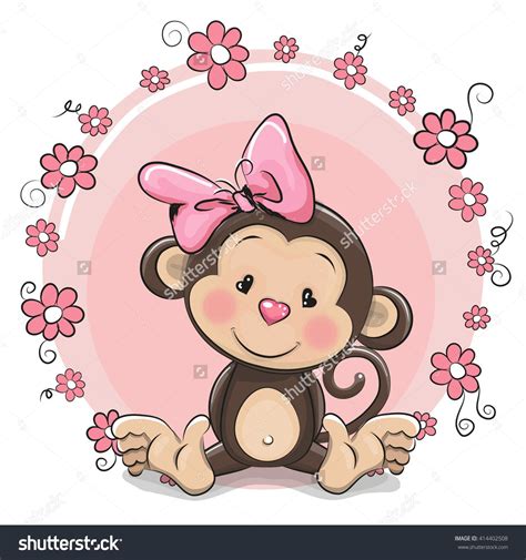 Greeting Card Cute Cartoon Monkey Girl With Flowers