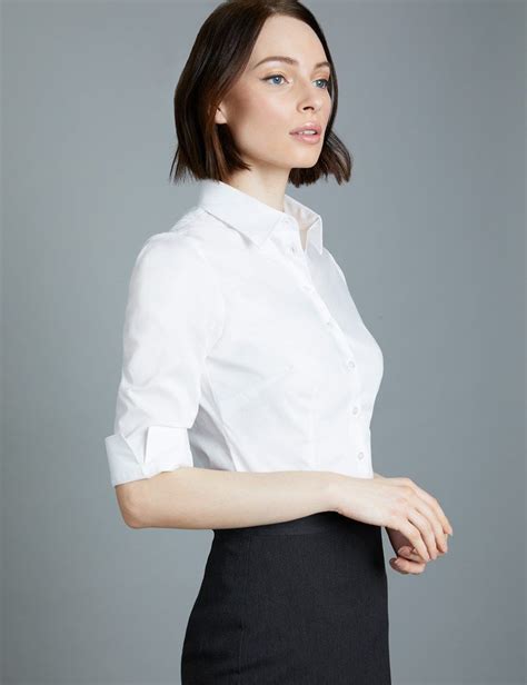 Women S White Fitted 3 Quarter Sleeve Cotton Shirt White Shirts Women White Shirt Blouse