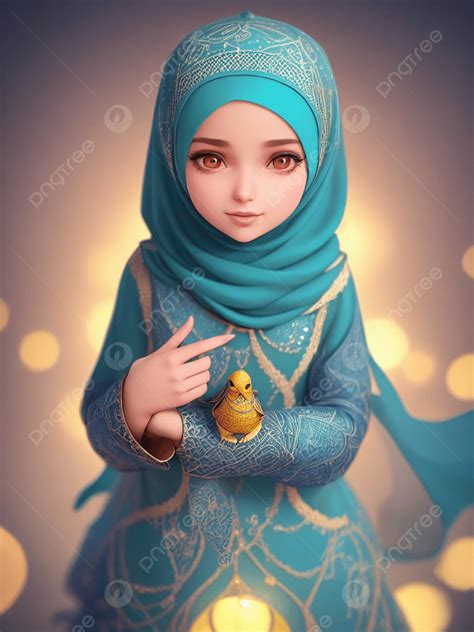 Beautiful Muslimah With Hijab Holding Little Bird Ramadan Eid