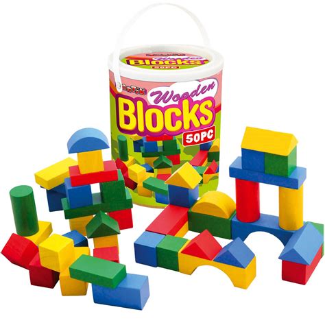 50 Piece Wooden Construction Building Blocks Bricks Urban Toys In A Tin
