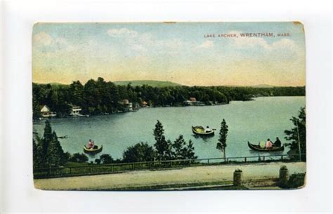 Wrentham Ma Mass Antique 1911 Postcard Lake Archer People In Canoes