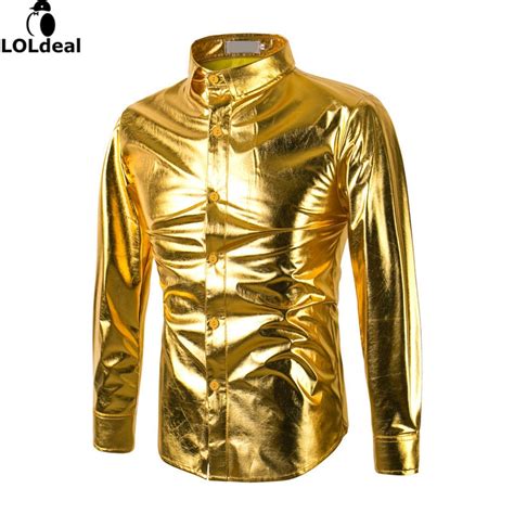 Check the latest shirts collection now. Mens Trend Night Club Coated Metallic Halloween Gold Silver Button Down Shirts Party Shiny Long ...