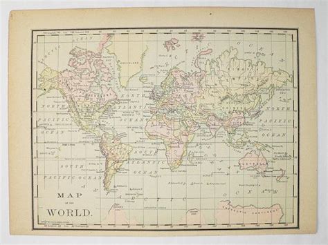 1887 Vintage Map Of The World Antique World Map Small Map Of World Old Color Map Old World