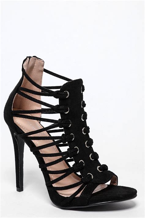 Black Cage Lace Up Heels Singleprice