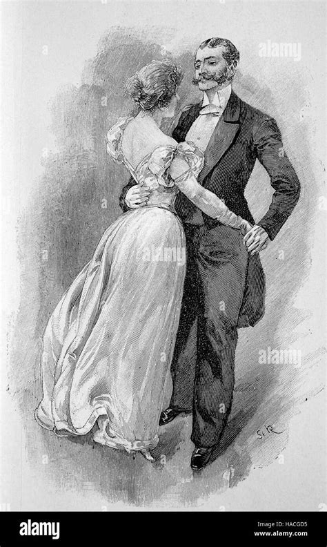 Couple Dancing Viennese Waltz Historic Illustration Woodcut Stock