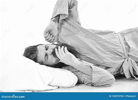 Man With Drowsy Yawning Face Stretching Wake Up Stock Photo Image Of
