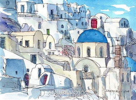 Santorini Oia 7 Greece Art Print From An Original Watercolor Painting