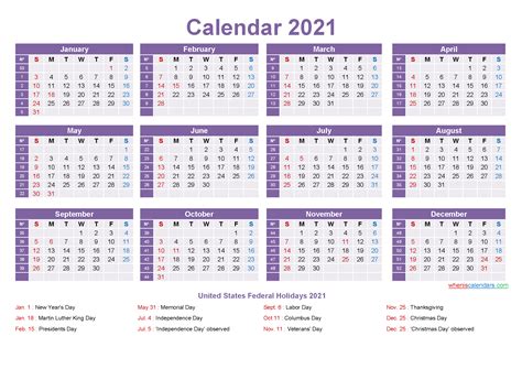 Free 2021 Printable Calendar With Holidays