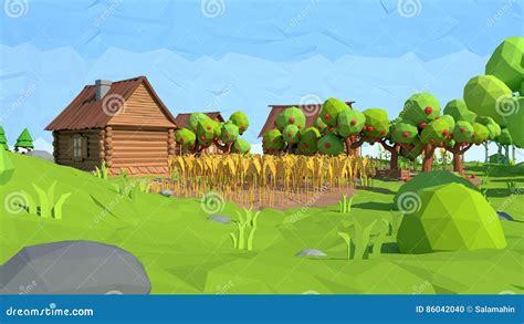Isometric Low Poly Village 3d Rendering Stock Illustration