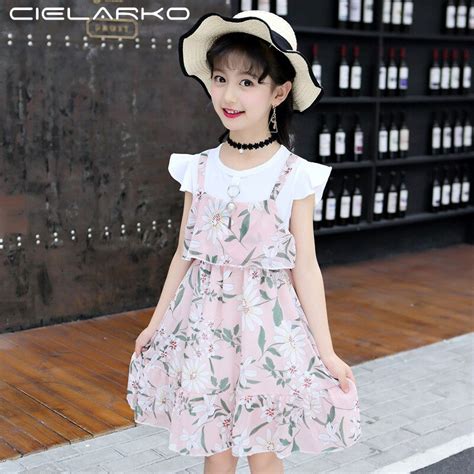 Cielarko Flower Chiffon Girls Dress Summer Cotton Kids Print Dresses