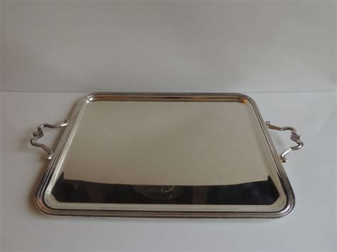 Luxury silver serving tray 16x11.5 rectangle decor silver trays for serving, metal tray for coffee table tea dessert, rectangular ottoman tray handles dinner, kitchen, tv rolling perfume tray large. Christofle - very large rectangular tray with 2 handles ...