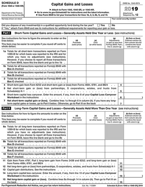 2019 Irs Tax Form 1040 Schedule D Capital Gains And Losses Us