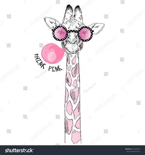 Giraffe In Pink Glasses Blowing A Bubble Gum Hand Drawn Graphic Stock