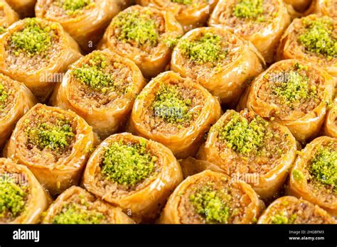 Traditional Pistachio Baklava Closeup Middle Eastern Flavors Stock