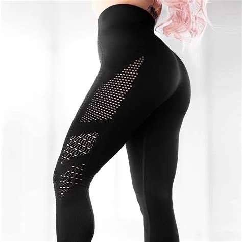 Women Hollow Out Fitness Leggings Sexy Hole Breathable High Waist Sporting Pants Workout Push Up