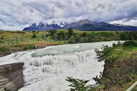 Waterfall In Torres Del Paine National Park Patagonia Chile Stock
