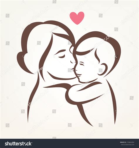 Mother And Son Stylized Vector Silhouette Outlined Sketch Of Mom And