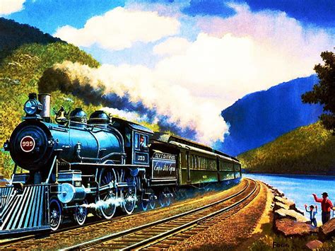 Steamtrain Locomotive Railway People Painting River Landscape Hd