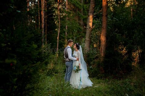 Beautiful Newlyweds Couple Walking In The Woods Honeymooners Stock