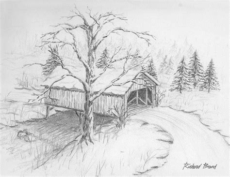 Snow Covered Bridge Drawing By Richard Beard