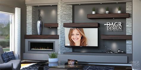 Custom Media Wall With Floating Wood Shelves Stacked Stone Pillars