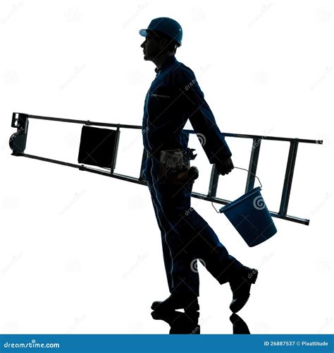 Repair Man Worker Ladder Walking Silhouette Stock Image Image Of