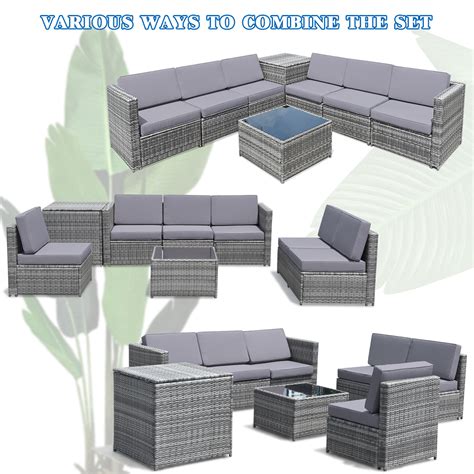Gymax Set Of 8 Gray Rattan Wicker Sofa And Table Outdoor Cushioned