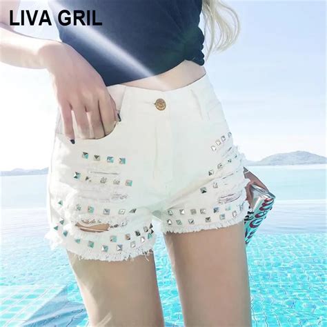 Liva Girl Hot Pants Women Summer High Waist Rivet White Denim Shorts Washed Hole Tassel Vintage