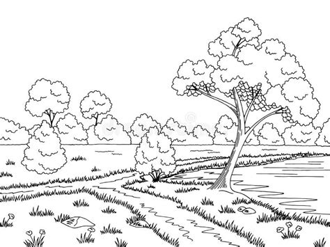 Lake Tree Graphic Black White Landscape Sketch Illustration Stock