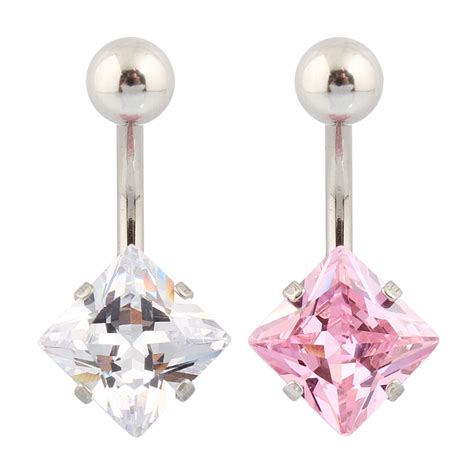 Stainless Steel Belly Button Rings Prong Setting Zirconia Cz Square