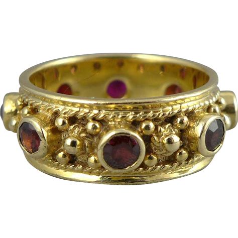 14k Gold And Garnet Etruscan Style Band Ring Sold Ruby Lane