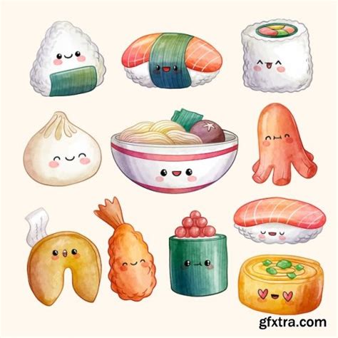 Watercolor Kawaii Food Set Gfxtra